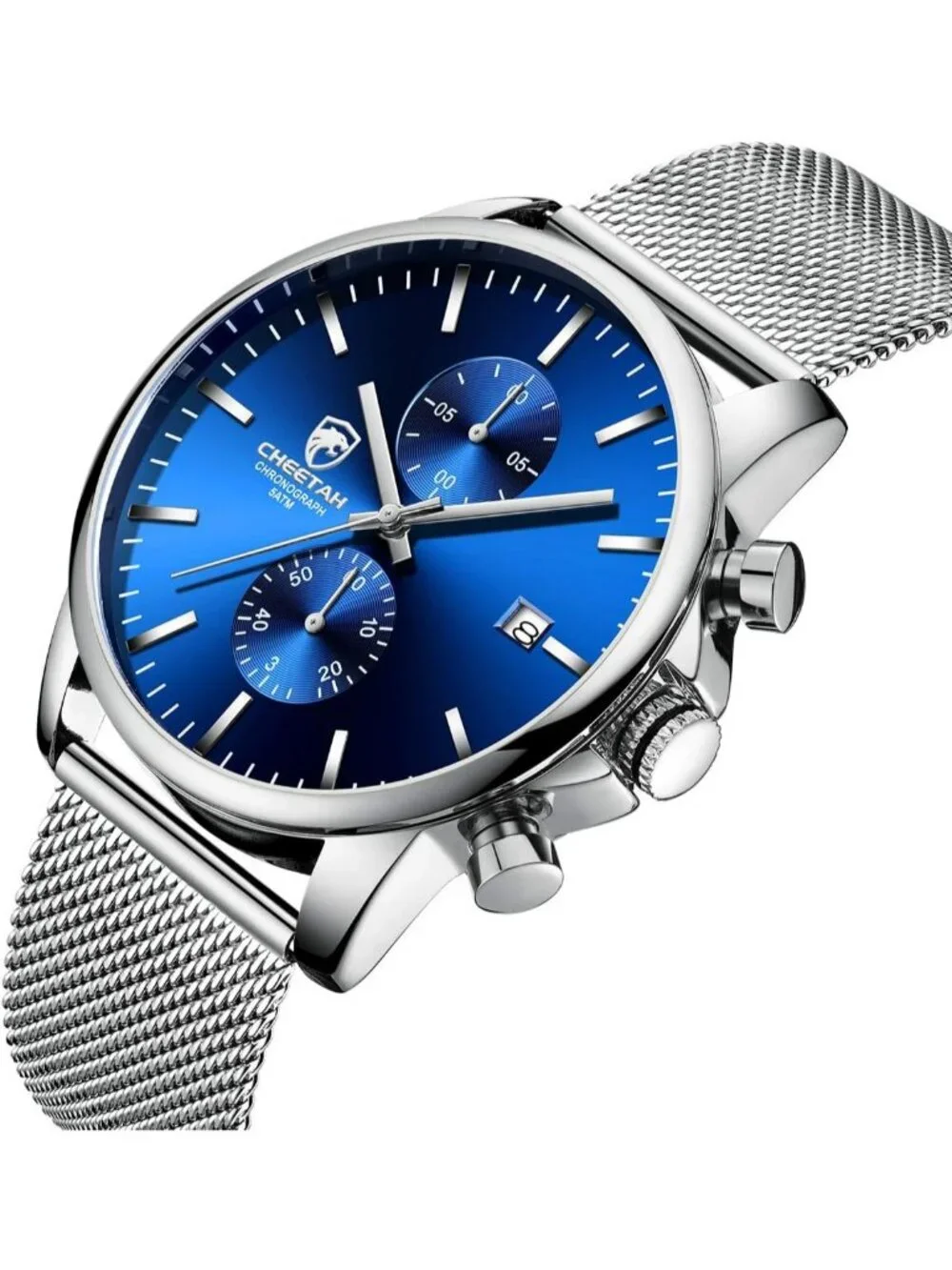 Men's Silver Blue Quartz Analog Mesh Strap Stainless Steel Chronograph Watch